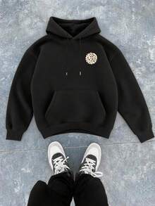 加大码男士时尚标语印花休闲宽松保暖抽绳口袋卫衣，适合街头、户外和日常百搭穿着，秋冬季长袖上衣 - 黑色 - 查看 3