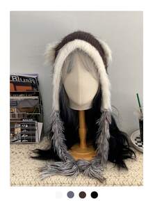 1 件女士拼色蓬松针织连帽帽，厚实温暖的冬季无檐小帽，可爱的套头帽，秋冬 - 彩色 - 查看 17