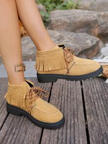 Botas de Cano Médio Retrô com Cadarço, Bico Redondo, Franjas, Sola Plana, Adequadas para Praia, Campus, Casa, Outono/Inverno - Castanho - Visão 6