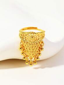 1pc Fashionable Hollow Floral Beaded Tassel Adjustable Ring For Women, Suitable For Party, Gift, Daily Wear