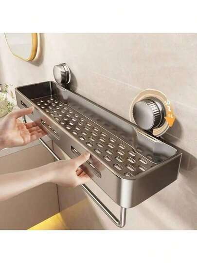 易于安装的吸盘淋浴收纳架 - 重型防锈塑料壁挂式浮动搁板，带坚固粘合剂，节省空间的浴室储物架，用于存放洗发水、肥皂和洗漱用品，无金属管，易于组装，浴室收纳架，洗漱用品架，光滑的搁板，防锈材料，搁板，搁板