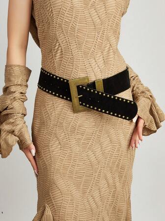 1 pieza Cinturón ancho de estilo occidental con hebilla de bronce, estilo elegante y grácil, de unicolor, casual, retro y vintage, para fiesta y calle, adecuado para todas las estaciones