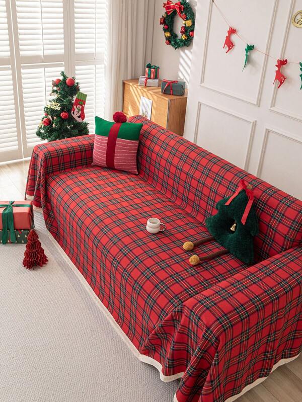 1pc Retro American Holiday Red & Green Plaid Multi-Purpose Anti-Slip Full Coverage Fringe Sofa Cover Blanket