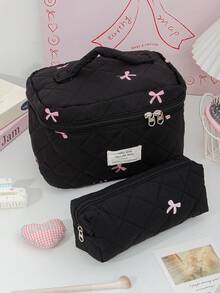 Bolsa de cosméticos con patrón de lazo bordado en rosa, bolsa de almacenamiento de cosméticos acolchada de espuma, bolsas de maquillaje de viaje lindas, bolsa de almacenamiento de artículos multifunción, bolsa de gran capacidad - Negro - Ver 13