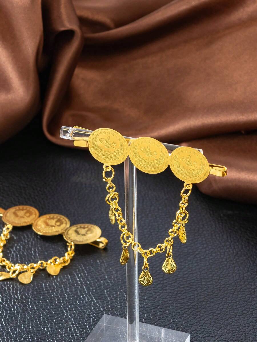 1件复古金币流苏链发夹，中东/灵感个性化设计刘海发夹，情人节配饰，婚礼发饰 - 金色 - 查看 1