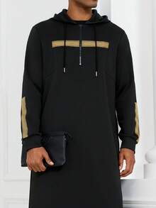 Men's Robe Side Split Kaftan Cotton Long Gown Thobe,Modern Islamic Men's Long Thobe Kamees,Islamic Men's Hooded Long Gown,Spliced Low-Key Golden Webbing,A Classy Yet Casual Design - Black - View 5
