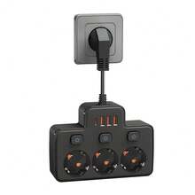 EU Standard Wall Mounted Power Socket With 3 AC Outlets, 3 USB Ports And 1 Type-C Port, 2500W, Individual Switch Control, Black/White, Flexible Short Cord Design, Anti-Bending, Suitable For Various Compact Environments, Widely Spaced Outlets To Avoid Tangling