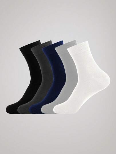 OFFICEAU 5 Pairs Men's Crew Socks, Anti-Odor Sweat-Absorbent, Business Style, Black, Spring/Autumn