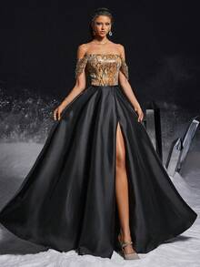 VIPGIRL Váy dạ hội trễ vai họa tiết da rắn có thân áo đính đá và xẻ tà cao, dự tiệc sang trọng, váy dạ hội cho nữ, váy dạ hội trang trọng - màu đen - Xem 1