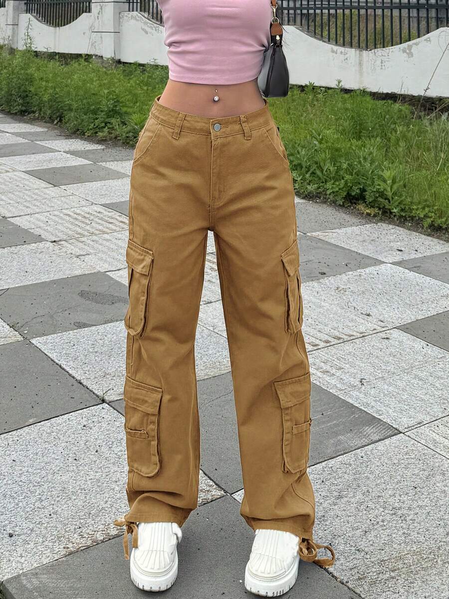 Low Waisted Denim Pants For Women - Mid Waist Loose Fit Work Pants With Drawstring Hem And Multiple Pockets, Casual Work Pants Suitable For Daily Wear - 卡其色 - 查看 1