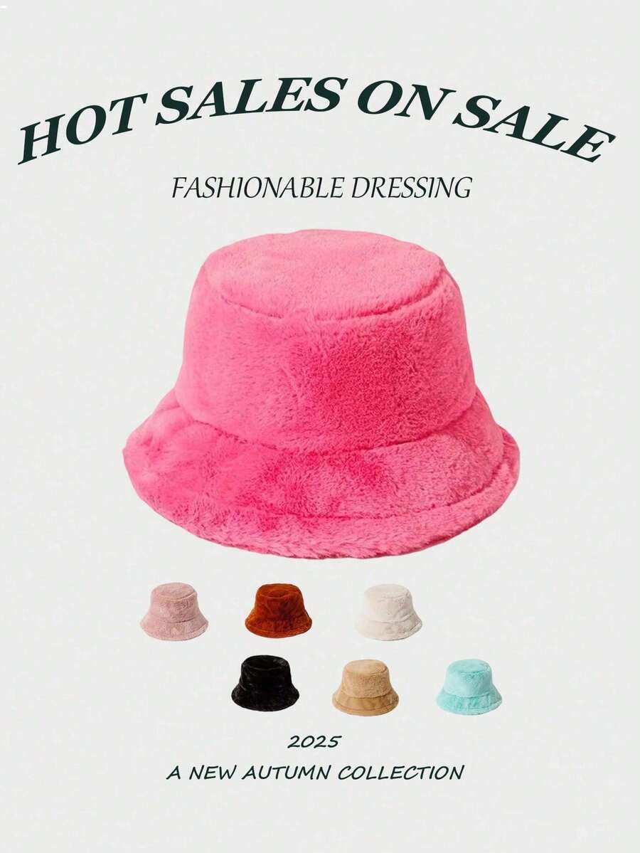 1pc Unisex Solid Color Faux Fur Bucket Hat, Casual Warm Outdoor Versatile Bucket Hat Suitable For Daily Use, Autumn - Solid Color - View 1