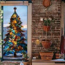 1 pieza Adhesivo de ventana de árbol de Navidad de vidrio colorido - PVC electrostático adhesivo, decoración moderna del hogar, perfecto para exhibiciones navideñas, pegatinas de pared de adornos navideños, decoración de habitación, pegatinas de pared, decoración del hogar, decoraciones navideñas, decoraciones navideñas para el hogar
