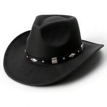 Classic Western Felt Cowboy Hat With Wide Brim For Outdoor Use - 1 Pack Style 4: Black With Belt Buckle - View 1
