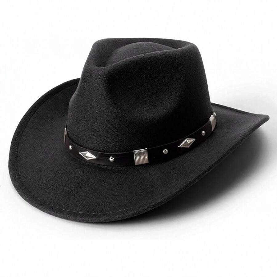 Classic Western Felt Cowboy Hat With Wide Brim For Outdoor Use - 1 Pack Style 4: Black With Belt Buckle - View 1