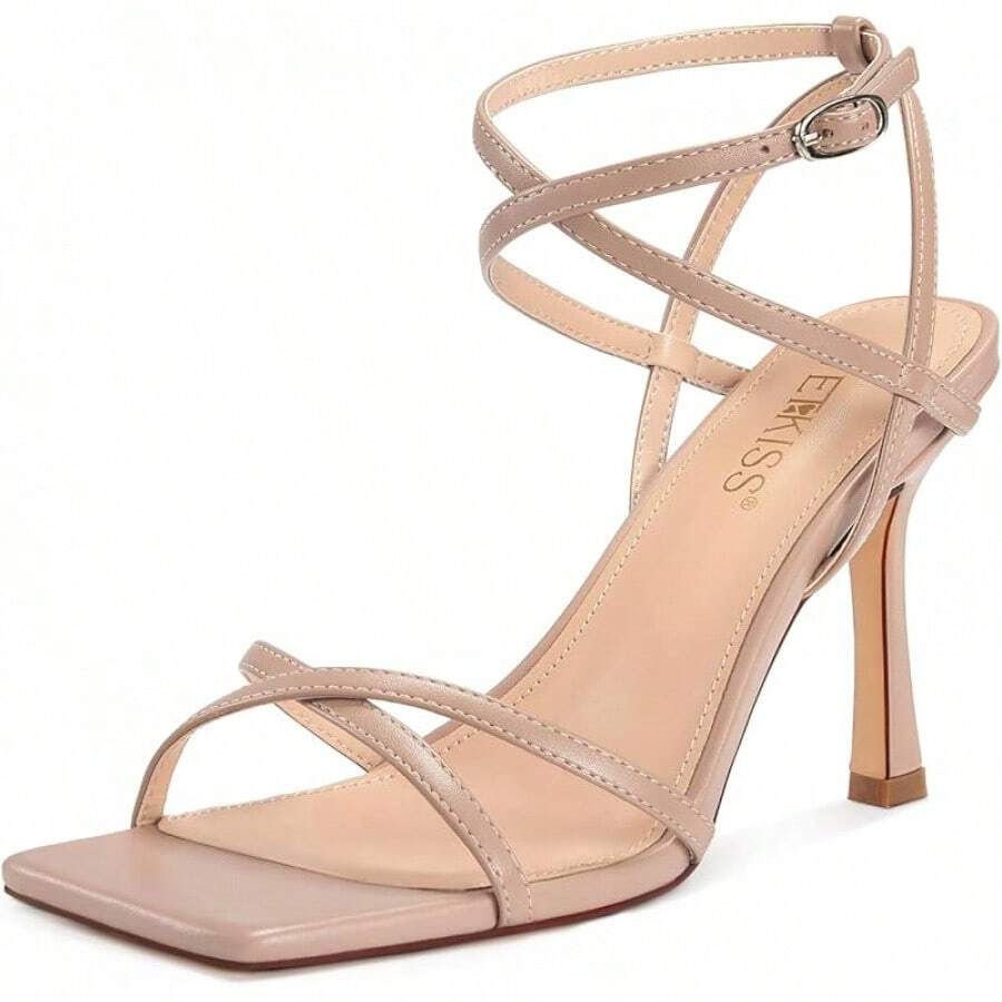 Wetkiss Strappy Heels For Women Stiletto High Heeled Sandals Adjustable Ankle Strap, Square Open Toe For Homecoming Party Dress Wedding DailyChristmas - 裸體 - 查看 1