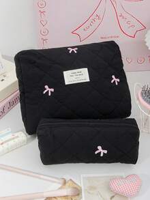 Bolsa de cosméticos con patrón de lazo bordado en rosa, bolsa de almacenamiento de cosméticos acolchada de espuma, bolsas de maquillaje de viaje lindas, bolsa de almacenamiento de artículos multifunción, bolsa de gran capacidad - Negro - Ver 18
