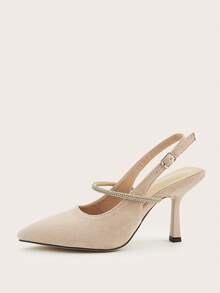 Almond Faux Suede Rhinestone Decor Stiletto Heel Slingback Pumps, Versatile For Daily Wear, Banquet, Party, Fashion Women High Heels, Rhinestone Color And Quantity Random - Apricot - View 4