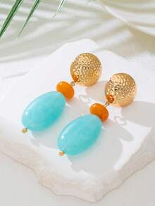 两款波西米亚风格优雅性感的不对称几何波纹玉石树脂吊坠和圆形心形耳环套装，适合聚会、度假和节日。 - 藍色樹脂耳環 - 查看 5