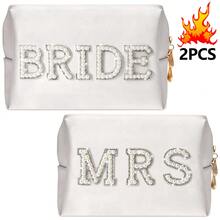 Bride Patch Letter Makeup Bag For Women - Luxury White Pearl Rhinestone Travel Toiletry Pouch & Purse Organizer, Elegant Bridesmaid Engagement Wedding Gift , High-Density Nylon & Soft Lining,  Design For Cosmetics, Skincare & Daily Essentials, Perfect For Bridal Shower, Honeymoon, Anniversary & Birthday Presents, Stylish & Practical Accessory For Modern Ladies .Beauty And Makeup Bag For Bridesmaids, Skincare And Toiletries Bag, Lightweight Multifunctional Storage Bag, Travel Essentials, Back To School Supplies, Used For Gifts, Girls, Friends, Weddings - 彩色 - 查看 1