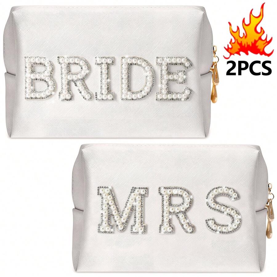 Bride Patch Letter Makeup Bag For Women - Luxury White Pearl Rhinestone Travel Toiletry Pouch & Purse Organizer, Elegant Bridesmaid Engagement Wedding Gift , High-Density Nylon & Soft Lining,  Design For Cosmetics, Skincare & Daily Essentials, Perfect For Bridal Shower, Honeymoon, Anniversary & Birthday Presents, Stylish & Practical Accessory For Modern Ladies .Beauty And Makeup Bag For Bridesmaids, Skincare And Toiletries Bag, Lightweight Multifunctional Storage Bag, Travel Essentials, Back To School Supplies, Used For Gifts, Girls, Friends, Weddings - 彩色 - 查看 1