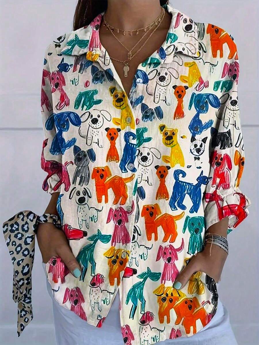 女士休闲卡通小狗印花长袖衬衫 春季款 - 黃色 - 查看 1