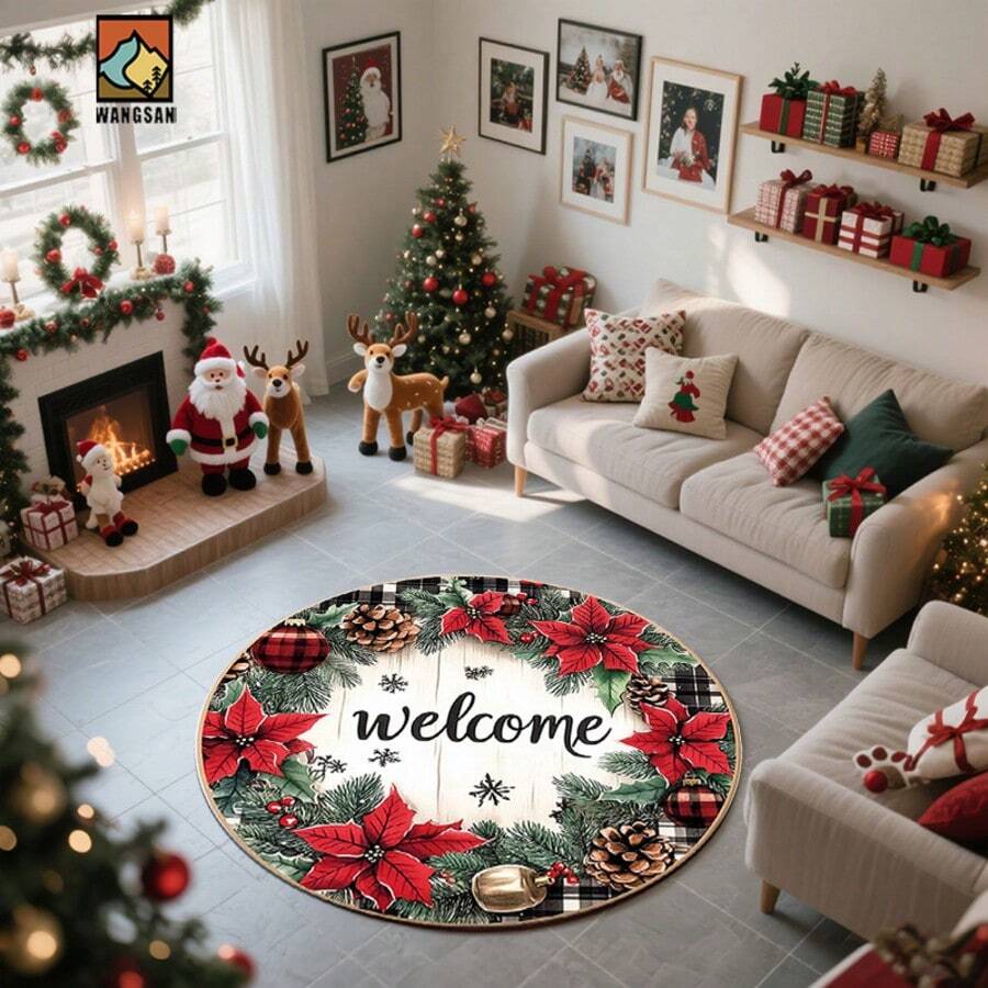1 pièce Tapis de bain antidérapant rouge pointe de Noël, en matériau de flanelle, tapis de sol rond, décoration moelleuse, convient pour les salles de bains, les portes, les cuisines, les salons et autres occasions, lavable en machine, antidérapant, décoration de Noël, peut être offert en cadeau