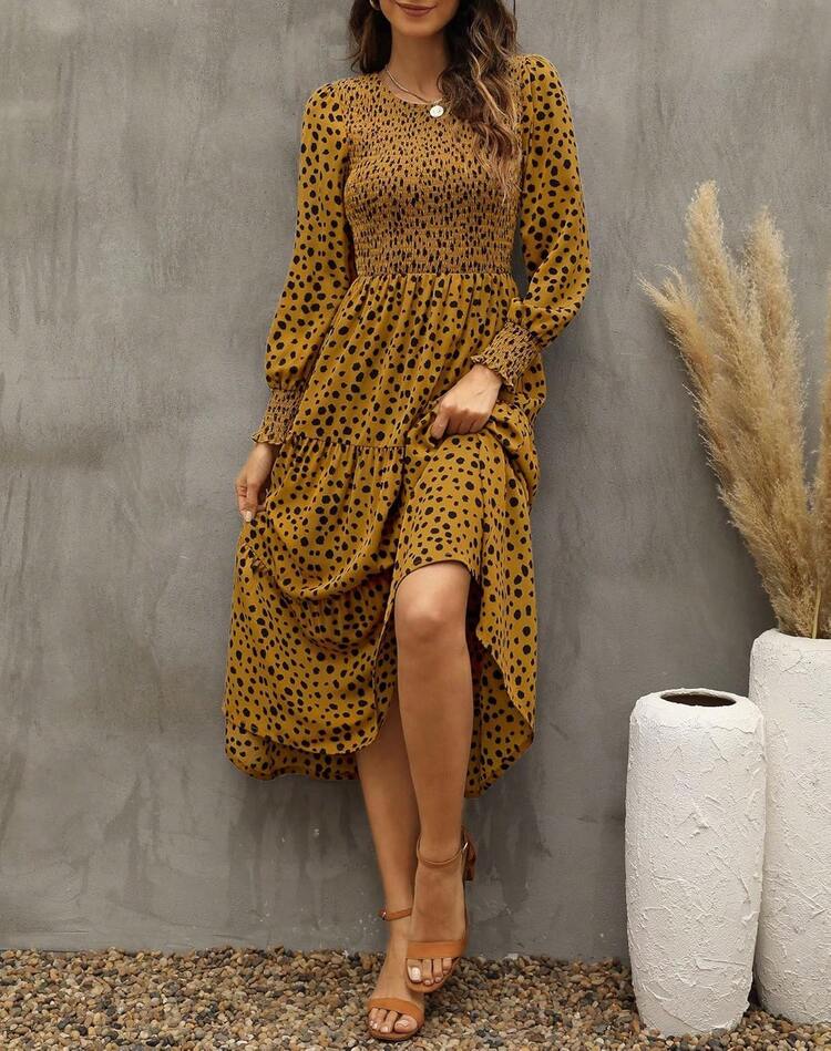 Vestidos de otoño Zattcas Vestidos casuales con smock estilo bohemio floral con volantes midi para invitados de boda, halloween - Nuevo verde oscuro - Añade 4