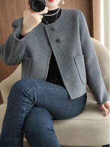 女士圆领休闲外套，娇小版型，百搭，适合春秋季穿着 - 灰色 - 查看 10