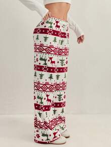 女士圣诞驯鹿和圣诞树印花喇叭法兰绒裤配同款蓬松围巾两件套，秋冬季，舒适保暖 - 米色 - 查看 5