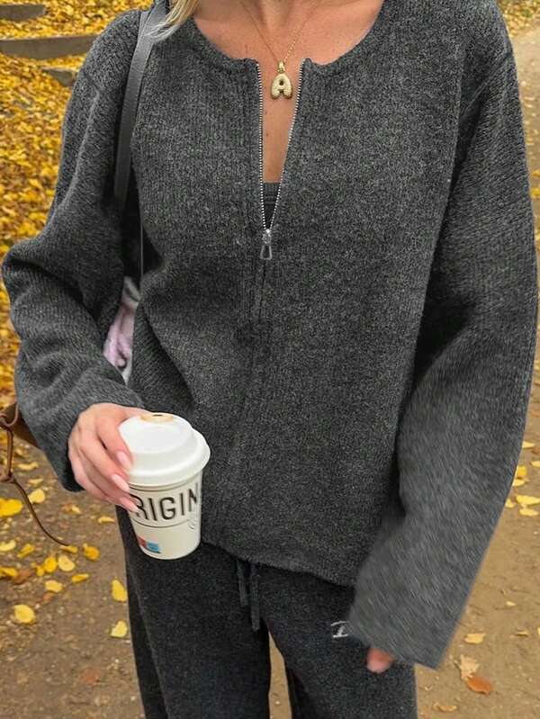 Femmes Cardigan tricoté simple de style coréen polyvalent, décontracté, ample, avec motif de lettre de couleur unie, fermeture éclair, confortable, pour le trajet, printemps et automne