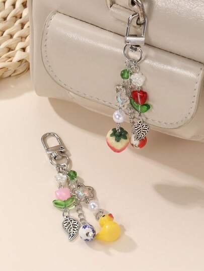1pc/2pcs Fashionable Cute Strawberry & Duckling Ceramic Pendant, Beaded Decoration Keychain Bag Charm, Suitable For Daily, Festival, Party, Accessory For Bag, Backpack