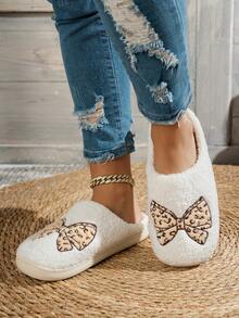 Women Slippers Leopard Bow Embroidery Flat Warm Winter House Comfy Shoes - màu nâu - Xem 3