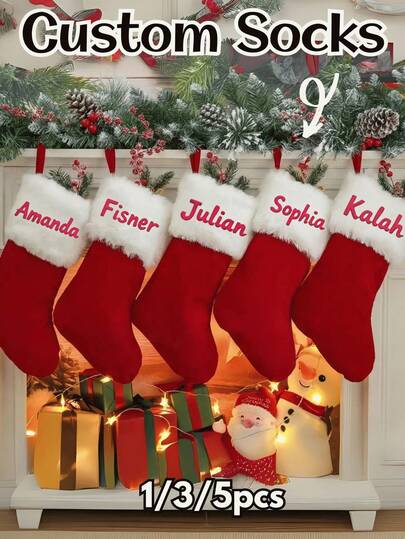 Calcetines navideños personalizados con texto bordado | Calcetines personalizados para decoración de fiestas, intercambio de regalos familiares, adorno de chimenea - Set de 1/3/5 piezas, material duradero, diseño reutilizable, estilo navideño clásico, se adapta a regalos/dulces pequeños, perfecto para decoración festiva del hogar y fiestas, regalo de Navidad, decoración navideña, regalo de Acción de Gracias, regalo de Año Nuevo, decoración de fiestas, suministros de regalo de Navidad