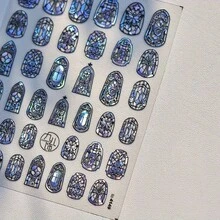 Vintage Stained Glass 5D Embossed Nail Art Stickers - Iridescent Shell Effect, Self-Adhesive DIY Decals For Nails, Journals & Phone Decor, Geometric & Floral Patterns, Shimmering Pastel Colors, Nail Stickers - 彩色 - 查看 10