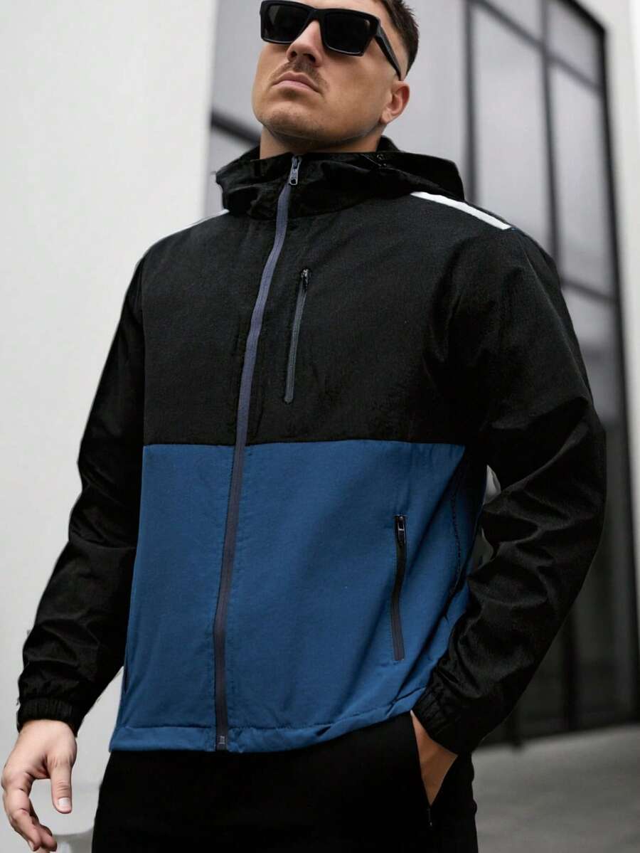 Men's Spring And Autumn Outdoor Sports Casual Versatile Windproof Hooded Contrast Color Jacket For Men - Black - View 1