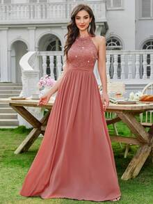 MIUSOL Elegant Women's Sequin Floral Lace Halter Neck Sleeveless Ruched Chiffon Maxi Dress, Perfect For Formal Wedding Guest, Cocktail Party, Bridesmaid, Prom - 藕粉色 - 查看 5