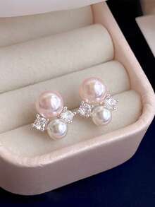 1 对优雅法式甜美温柔个性化粉色人造珍珠镶嵌水晶耳钉，适合女性日常、通勤、约会、度假、订婚佩戴 - 銀色 - 查看 5