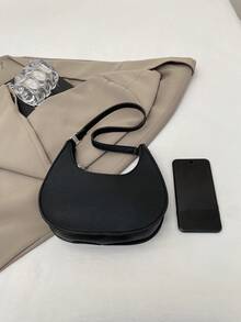 1 pièce Sac à bandoulière en croissant zippé en PU de couleur unie à texture de litchi, portable, convenant pour un usage quotidien des femmes en automne/hiver - Noir - Voir 3