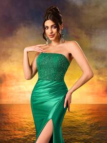 Beaded Strapless Formal Evening Dress Fine High Heeled Front Split Party Dress Elegant Evening Gown For Party,Wedding Guest,Celebration,Anniversary