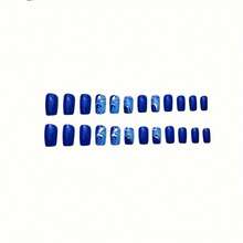 24 Pieces/Box Medium And Short Square Wearing Armor Blue Corrugated Smudged Gold Striped Fake Nail Piece - 1535 - Xem 5