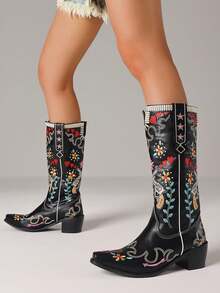 Embroidery Women Western Boots Block Heel Mid Calf Cowgirl Cowboy Shoes Retro Vintage Design Fashion Wedding Women Ridding Boots - 黑色 - 查看 7