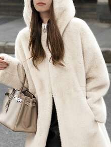 Chaqueta casual de piel sintética con bolsillos y cordón para mujer, de unicolor, de felpa, elegante y de moda para otoño/invierno