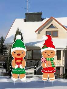 2个姜饼人，圣诞节户外装饰，可爱姜饼草坪装饰，冬季姜饼花园，新年装饰 - 彩色 - 查看 2