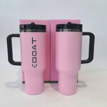 40 Oz Stainless Steel Flat Bottom Cup, Double Wall Vacuum Insulated Portable Drinking Cup, Travel Iced Coffee Cup, Summer Drink Cup With Handle And Straw, Perfect For Travel, Home, Office, Summer Drinks, Hot And Cold Drinks, Valentines - 珊瑚粉 - 查看 4