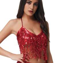 Traje de disfraz con lentejuelas y flecos, traje de danza del vientre con lentejuelas, traje de cantante sin espalda para bares y calles - Multicolor - Ver 30