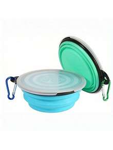 带盖折叠宠物碗，可折叠狗/猫旅行碗，适合徒步旅行、露营、户外活动，蓝色和绿色