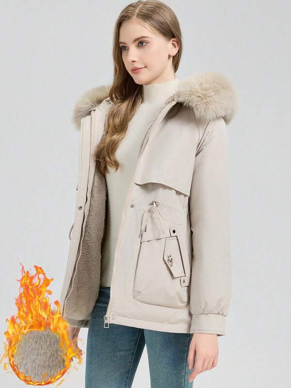 Parka imbottito da donna con cappuccio in pelliccia sintetica e fodera calda, maniche lunghe, tasche con cerniera, lunghezza regolare, cappotto invernale