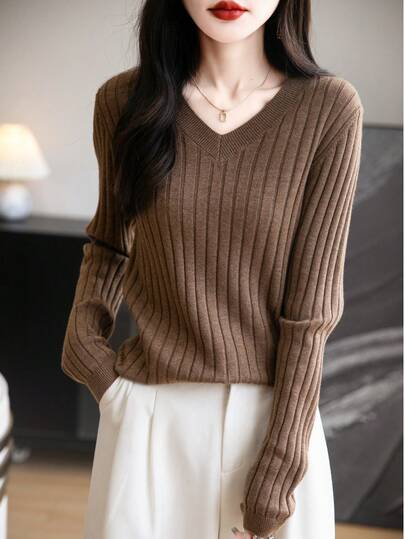 Wool Ribbed Pullover Sweater, V-Neck, Slim Fit, Casual & Fashionable For Daily Office Wear, Autumn/Winter