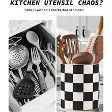 Checkered Utensil Holder, 15.8 Inch Ceramic Spatula Holder, Black Cooking Kitchen Utensil Holder Countertop, Kitchen Decor And Accessories Counte