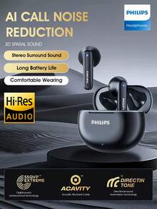 PHILIPS TWS Bluetooth wireless headphones, TAT1199,AI noise reduction,Spatial sound effects, long battery life, Low latency, waterproof for sports, non-pressure to wear - 黑色 - 查看 2